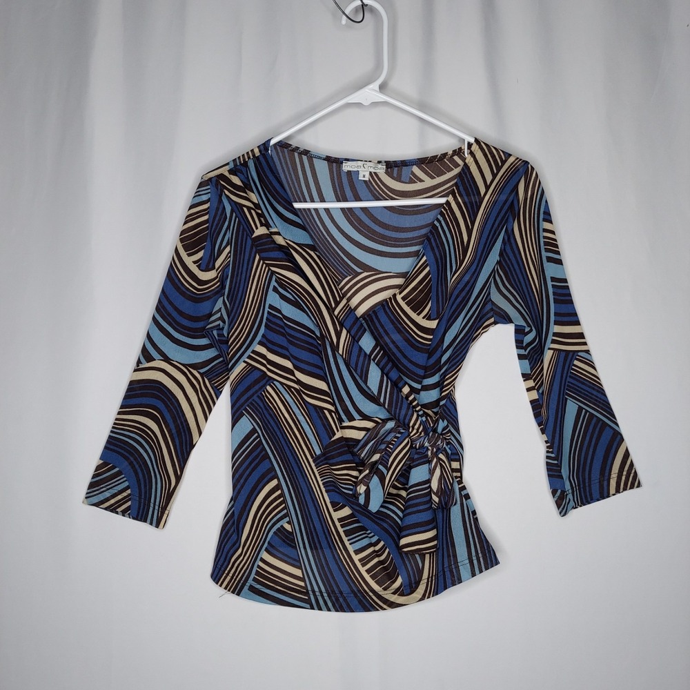 Moa Moa Top Women Medium Mesh Blue Abstract Tie‎ Faux Wrap 90s Y2K Grunge